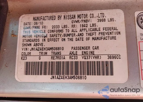 2010 Nissan 370Z Touring from USA, damaged, VIN JN1AZ4EH3AM506810